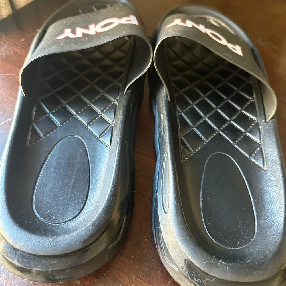 Pony Black Slide Sandals with White and Red Logo